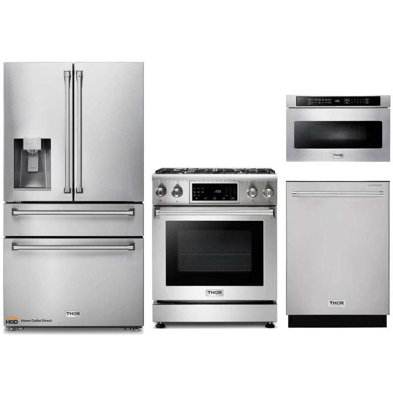 Thor Kitchen 4-Piece Appliance Package - 30-Inch Gas Range with Liquid Propane Kit, Tilt Panel, Refrigerator with Water Dispenser, Dishwasher, & Microwave Drawer in Stainless Steel