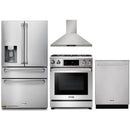 Thor Kitchen 4-Piece Appliance Package - 30-Inch Gas Range with Liquid Propane Kit, Tilt Panel, Refrigerator with Water Dispenser, Wall Mount Hood, & Dishwasher in Stainless Steel