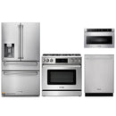 Thor Kitchen 4-Piece Appliance Package - 36-Inch Gas Range with Liquid Propane Kit, Tilt Panel, Refrigerator with Water Dispenser, Dishwasher, & Microwave Drawer in Stainless Steel