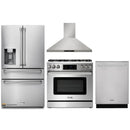 Thor Kitchen 4-Piece Appliance Package - 36-Inch Gas Range with Liquid Propane Kit, Tilt Panel, Refrigerator with Water Dispenser, Wall Mount Hood, & Dishwasher in Stainless Steel