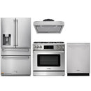 Thor Kitchen 4-Piece Appliance Package - 36-Inch Gas Range with Liquid Propane Kit, Tilt Panel, Refrigerator with Water Dispenser, Under Cabinet Hood & Dishwasher in Stainless Steel