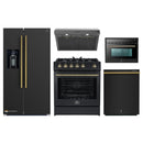 Forno 5-Piece Appliance Package - 30-Inch Gas Range, Under Cabinet Range Hood, Refrigerator with Water Dispenser, Dishwasher, and 24-Inch Microwave Oven in Black with Antique Brass Trim