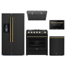 Forno 5-Piece Appliance Package - 30-Inch Gas Range, Under Cabinet Range Hood, Refrigerator with Water Dispenser, Dishwasher, and  Microwave Drawer in  Black with Antique Brass Trim
