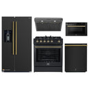 Forno 5-Piece Appliance Package - 30-Inch Gas Range, Under Cabinet Range Hood, Refrigerator with Water Dispenser, Dishwasher, and  Microwave Drawer in  Black with Antique Brass Trim