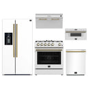 Forno 5-Piece Appliance Package - 30-Inch Gas Range, Under Cabinet Range Hood, Refrigerator wth Water Dspenser, Dishwasher, and 30-Inch Microwave Drawer in White with Antique Brass Trim
