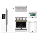 Forno 5-Piece Appliance Package - 30-Inch Gas Range, Under Cabinet Range Hood, Refrigerator with Water Dispenser, Dishwasher, and 24-Inch Microwave Oven in White with Antique Brass Trim