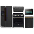 Forno 5-Piece Appliance Package - 30-Inch Electric Range, Under Cabinet Range Hood, Refrigerator with Water Dispenser, Dishwasher, and 24-Inch Microwave Drawer in Black with Antique Brass Trim