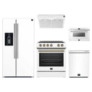 Forno 5-Piece Appliance Package - 30-Inch Electric Range, Under Cabinet Range Hood, Refrigerator with Water Dispenser, Dishwasher, and  Microwave Drawer in White with Antique Brass Trim