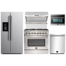 Forno 5-Piece Appliance Package - 36-Inch Dual Fuel Range, Refrigerator with Water Dispenser, Wall Mount Hood with Backsplash, 24-Inch Microwave Oven, & 3-Rack Dishwasher in Stainless Steel