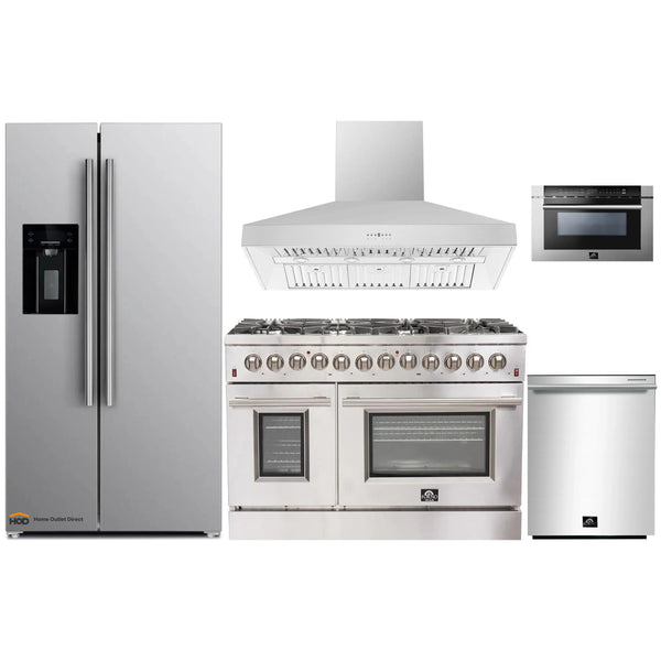Forno 5-Piece Appliance Package - 48-Inch Dual Fuel Range, Refrigerator with Water Dispenser, Wall Mount Hood, Microwave Drawer, & 3-Rack Dishwasher in Stainless Steel