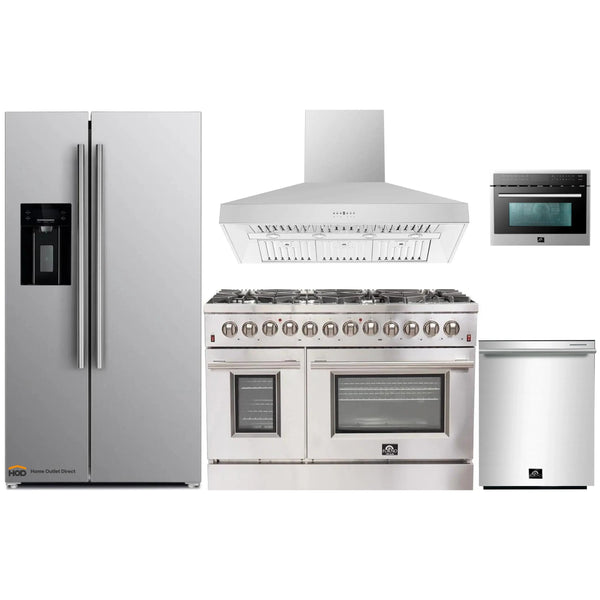 Forno 5-Piece Appliance Package - 48-Inch Dual Fuel Range, Refrigerator with Water Dispenser, Wall Mount Hood, Microwave Oven, & 3-Rack Dishwasher in Stainless Steel
