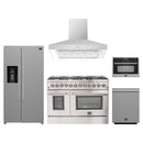Forno 5-Piece Appliance Package - 48-Inch Dual Fuel Range, Refrigerator with Water Dispenser, Wall Mount Hood, Microwave Oven, & 3-Rack Dishwasher in Stainless Steel