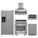 Forno 5-Piece Pro Appliance Package - 30-Inch Dual Fuel Range, Refrigerator with Water Dispenser, Wall Mount Hood, 30-Inch Microwave Drawer, & 3-Rack Dishwasher in Stainless Steel