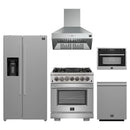 Forno 5-Piece Pro Appliance Package - 30-Inch Dual Fuel Range, Refrigerator with Water Dispenser, Wall Mount Hood, 24-Inch Microwave Oven, & 3-Rack Dishwasher in Stainless Steel