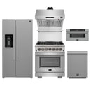 Forno 5-Piece Pro Appliance Package - 30-Inch Dual Fuel Range, Refrigerator with Water Dispenser, Wall Mount Hood with Backsplash, 30-Inch Microwave Drawer, & 3-Rack Dishwasher in Stainless Steel