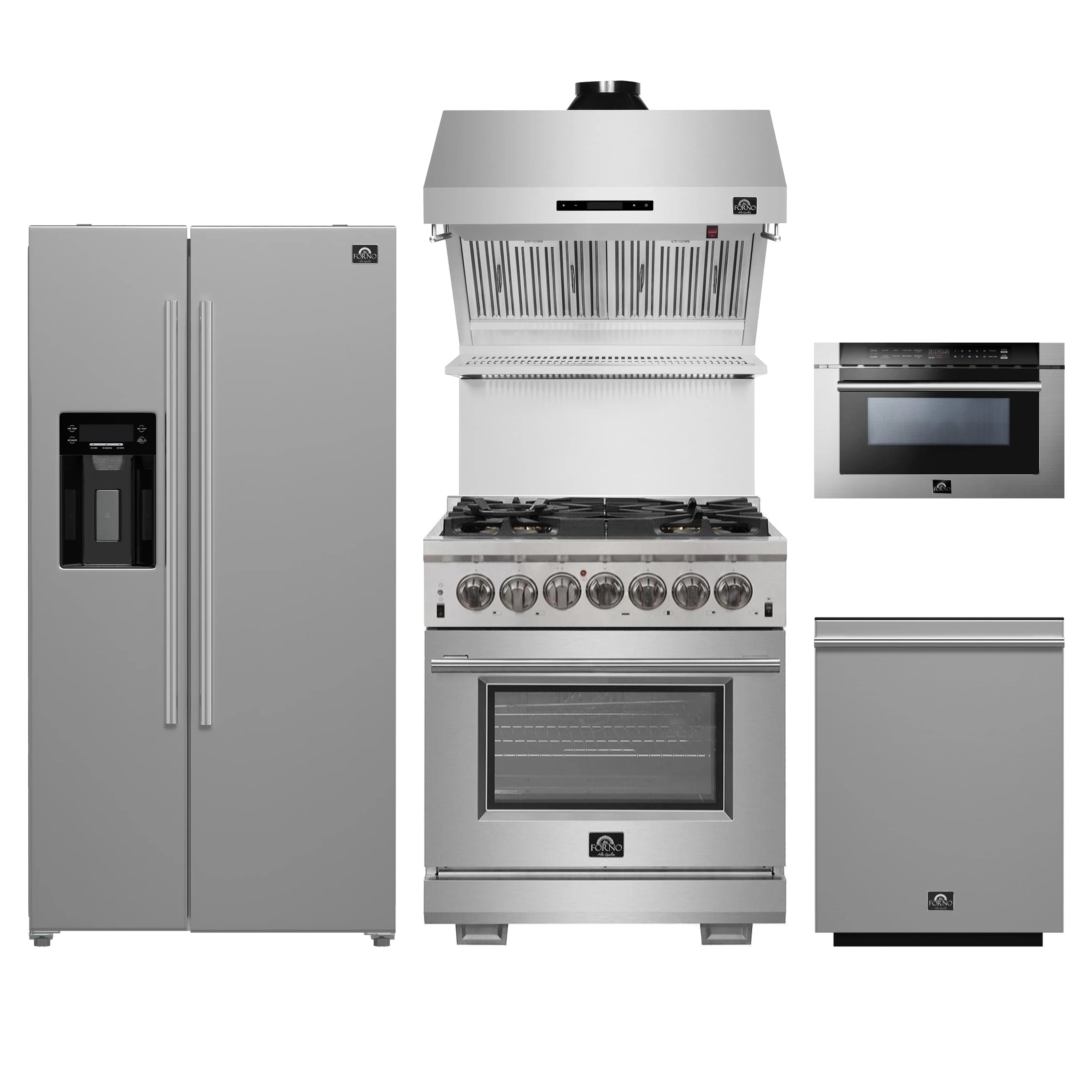 Forno 5-Piece Pro Appliance Package - 30-Inch Dual Fuel Range, Refrigerator with Water Dispenser, Wall Mount Hood with Backsplash, 24-Inch Microwave Drawer, & 3-Rack Dishwasher in Stainless Steel