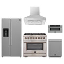 Forno 5-Piece Pro Appliance Package - 36-Inch Dual Fuel Range, Refrigerator with Water Dispenser, Wall Mount Hood, 30-Inch Microwave Drawer, & 3-Rack Dishwasher in Stainless Steel
