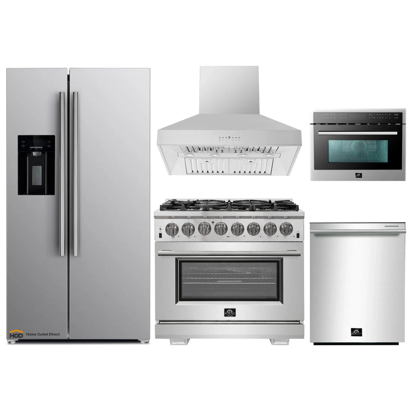 Forno 5-Piece Pro Appliance Package - 36" Dual Fuel Range, 36" Refrigerator with Water Dispenser, Wall Mount Hood, Microwave Oven, & 3-Rack Dishwasher in Stainless Steel