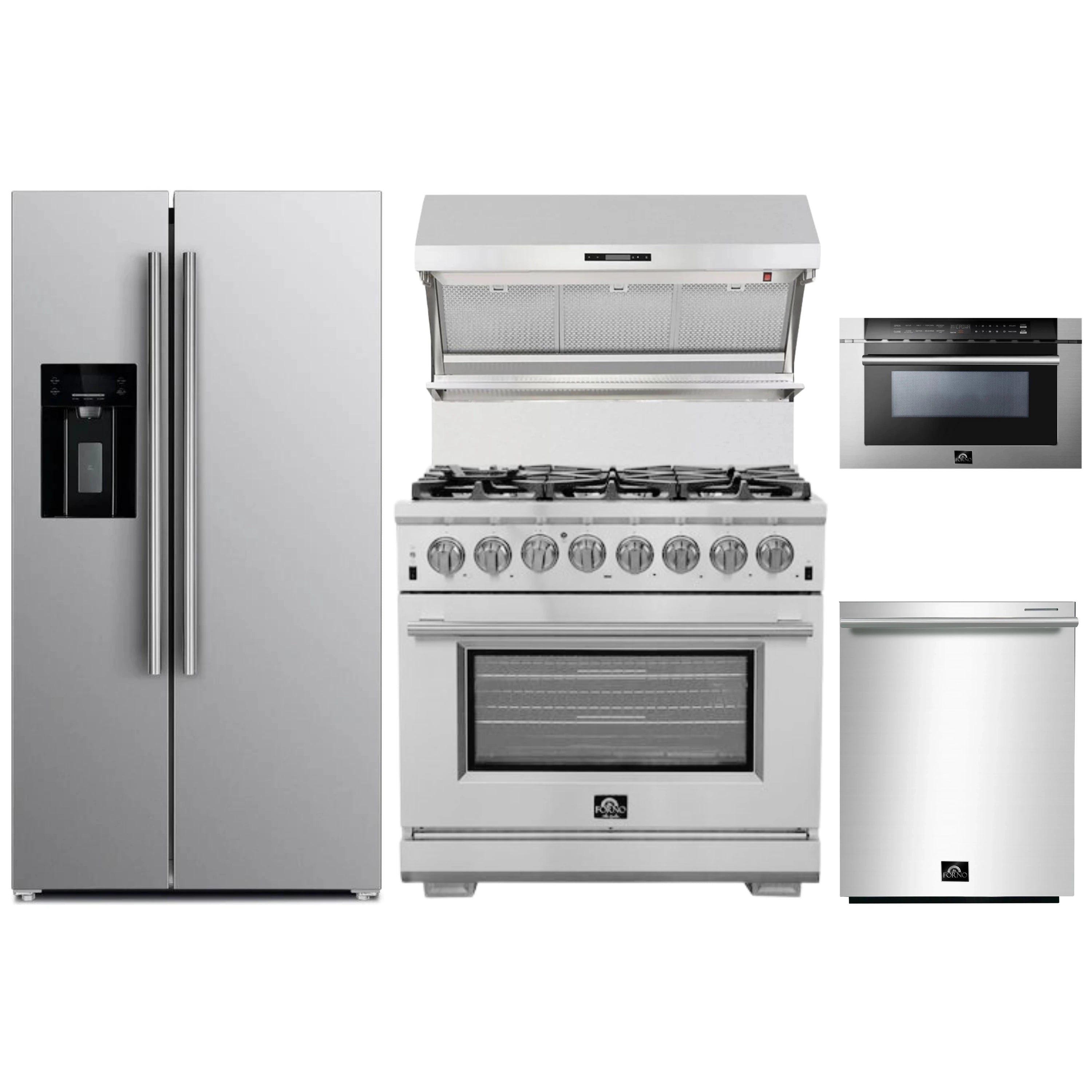 Forno 5-Piece Pro Appliance Package - 36-Inch Dual Fuel Range, Refrigerator with Water Dispenser, Wall Mount Hood with Backsplash, 24-Inch Microwave Drawer, & 3-Rack Dishwasher in Stainless Steel