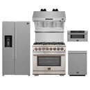Forno 5-Piece Pro Appliance Package - 36-Inch Dual Fuel Range, Refrigerator with Water Dispenser, Wall Mount Hood with Backsplash, 30-Inch Microwave Drawer, & 3-Rack Dishwasher in Stainless Steel