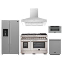 Forno 5-Piece Pro Appliance Package - 48-Inch Dual Fuel Range, Refrigerator with Water Dispenser, Wall Mount Hood, 30-Inch Microwave Drawer, & 3-Rack Dishwasher in Stainless Steel