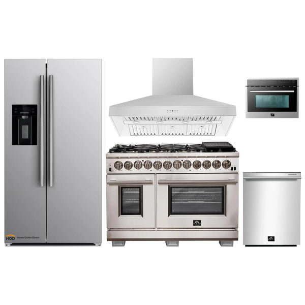 Forno 5-Piece Pro Appliance Package - 48-Inch Dual Fuel Range, Refrigerator with Water Dispenser, Wall Mount Hood, Microwave Oven, & 3-Rack Dishwasher in Stainless Steel