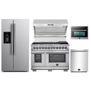 Forno 5-Piece Pro Appliance Package - 48-Inch Dual Fuel Range, Refrigerator with Water Dispenser, Wall Mount Hood with Backsplash, 24-Inch Microwave Oven, & 3-Rack Dishwasher in Stainless Steel
