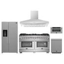 Forno 5-Piece Pro Appliance Package - 60-Inch Dual Fuel Range, Refrigerator with Water Dispenser, Wall Mount Hood, 30-Inch Microwave Drawer, & 3-Rack Dishwasher in Stainless Steel