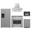 Forno 5-Piece Appliance Package - 36-Inch Gas Range, Refrigerator with Water Dispenser, Wall Mount Hood, 24-Inch Microwave Oven, & 3-Rack Dishwasher in Stainless Steel