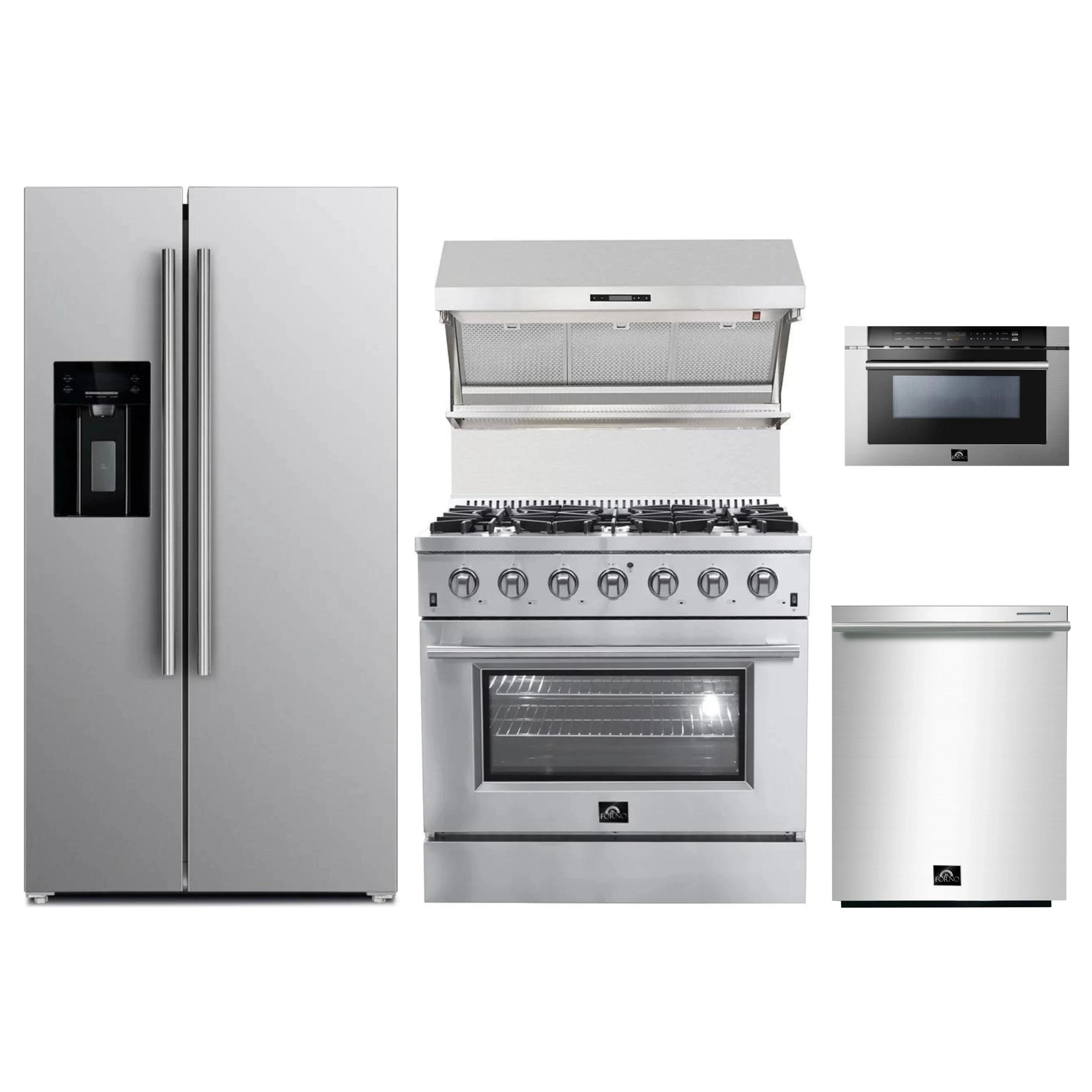 Forno 5-Piece Appliance Package - 36-Inch Gas Range, Refrigerator with Water Dispenser, Wall Mount Hood with Backsplash, 24-Inch Microwave Drawer, & 3-Rack Dishwasher in Stainless Steel