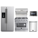 Forno 5-Piece Appliance Package - 36-Inch Gas Range, Refrigerator with Water Dispenser, Wall Mount Hood with Backsplash, 24-Inch Microwave Drawer, & 3-Rack Dishwasher in Stainless Steel
