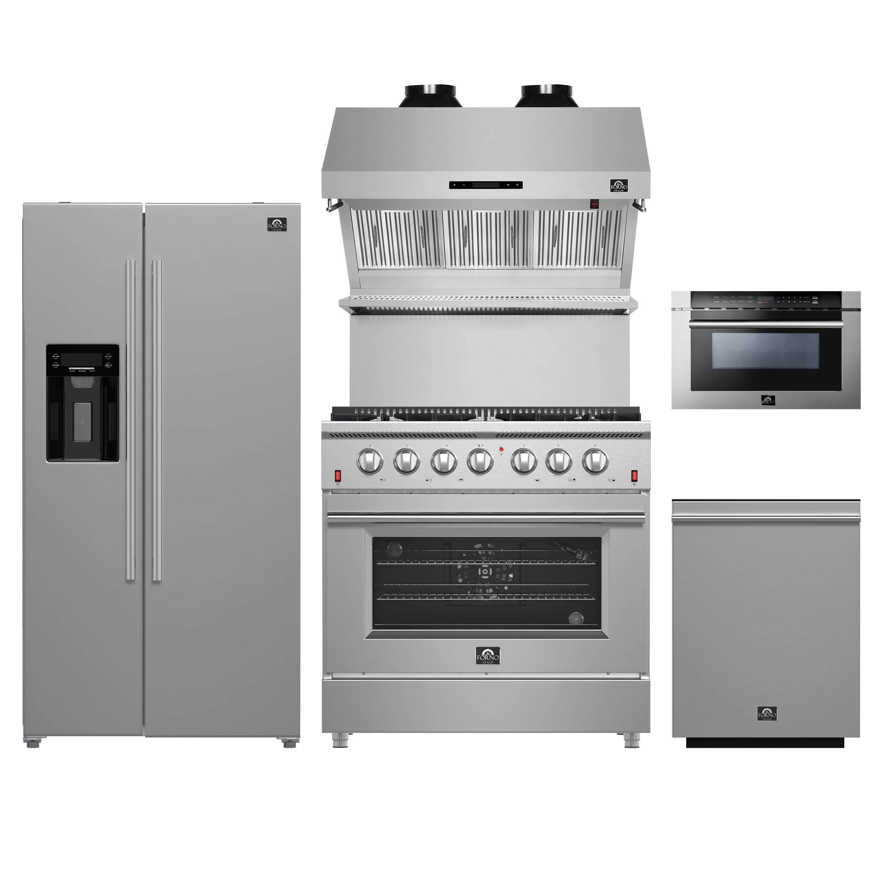 Forno 5-Piece Appliance Package - 36-Inch Gas Range, Refrigerator with Water Dispenser, Wall Mount Hood with Backsplash, 24-Inch Microwave Drawer, & 3-Rack Dishwasher in Stainless Steel