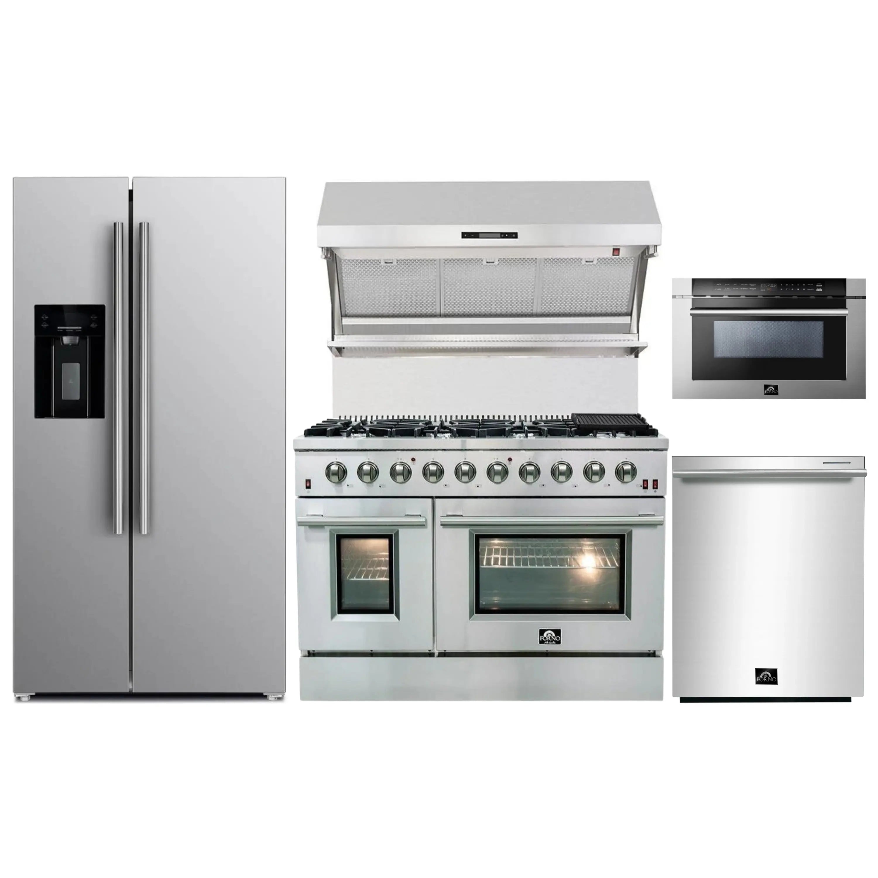 Forno 5-Piece Appliance Package - 48-Inch Gas Range, Refrigerator with Water Dispenser, Wall Mount Hood with Backsplash, 24-Inch Microwave Drawer, & 3-Rack Dishwasher in Stainless Steel
