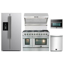 Forno 5-Piece Appliance Package - 48-Inch Gas Range, Refrigerator with Water Dispenser, Wall Mount Hood with Backsplash, 24-Inch Microwave Oven, & 3-Rack Dishwasher in Stainless Steel