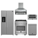 Forno 5-Piece Pro Appliance Package - 30-Inch Gas Range, Refrigerator with Water Dispenser, Wall Mount Hood, 30-Inch Microwave Drawer, & 3-Rack Dishwasher in Stainless Steel