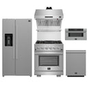 Forno 5-Piece Pro Appliance Package - 30-Inch Gas Range, Refrigerator with Water Dispenser, Wall Mount Hood with Backsplash, 30-Inch Microwave Drawer, & 3-Rack Dishwasher in Stainless Steel