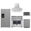 Forno 5-Piece Pro Appliance Package - 36-Inch Gas Range, Refrigerator with Water Dispenser, Wall Mount Hood, 30-Inch Microwave Drawer, & 3-Rack Dishwasher in Stainless Steel