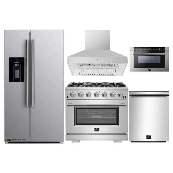 Forno 5-Piece Pro Appliance Package - 36-Inch Gas Range, Refrigerator with Water Dispenser, Wall Mount Hood, 24-Inch Microwave Drawer, & 3-Rack Dishwasher in Stainless Steel