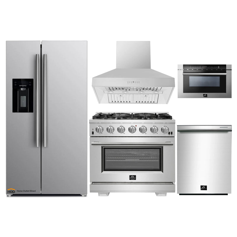 Forno 5-Piece Pro Appliance Package - 36" Gas Range, 36" Refrigerator with Water Dispenser, Wall Mount Hood, Microwave Drawer, & 3-Rack Dishwasher in Stainless Steel