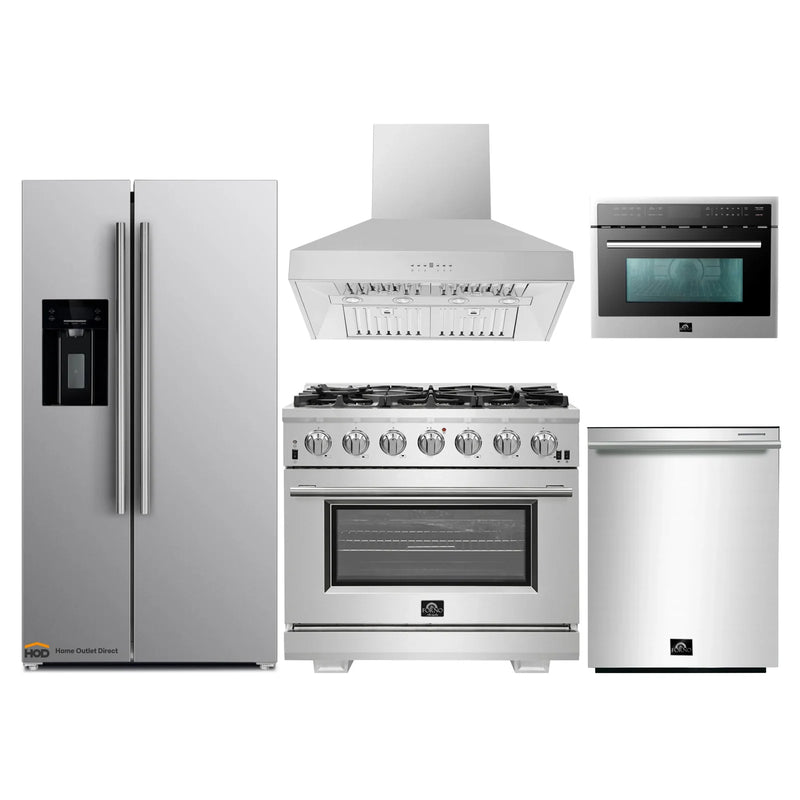 Forno 5-Piece Pro Appliance Package - 36" Gas Range, 36" Refrigerator with Water Dispenser, Wall Mount Hood, Microwave Oven, & 3-Rack Dishwasher in Stainless Steel