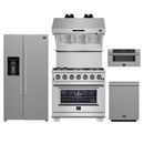 Forno 5-Piece Pro Appliance Package - 36-Inch Gas Range, Refrigerator with Water Dispenser, Wall Mount Hood with Backsplash, 30-Inch Microwave Drawer, & 3-Rack Dishwasher in Stainless Steel