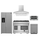 Forno 5-Piece Pro Appliance Package - 48-Inch Gas Range, Refrigerator with Water Dispenser, Wall Mount Hood, 30-Inch Microwave Drawer, & 3-Rack Dishwasher in Stainless Steel