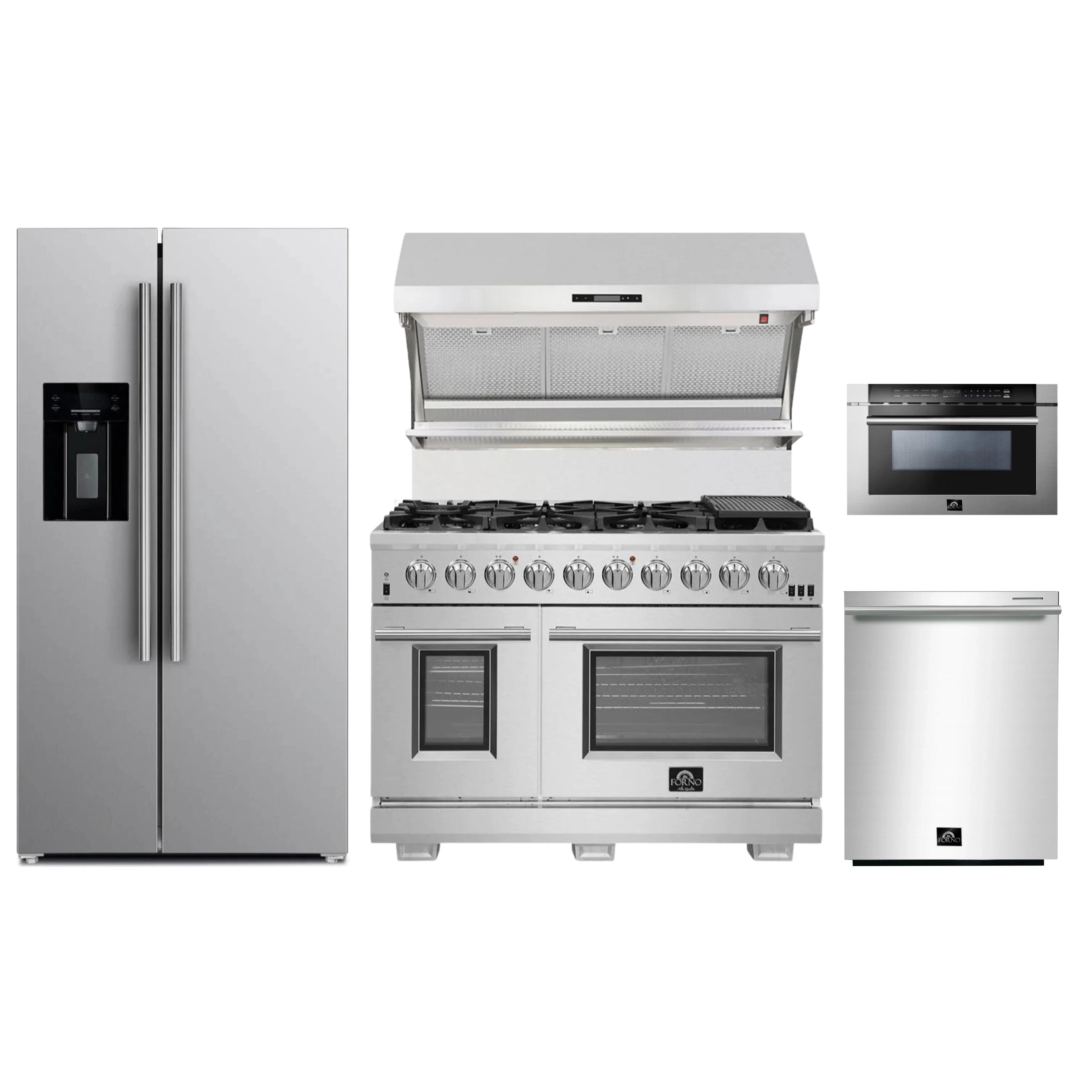 Forno 5-Piece Pro Appliance Package - 48-Inch Gas Range, Refrigerator with Water Dispenser, Wall Mount Hood with Backsplash, 24-Inch Microwave Drawer, & 3-Rack Dishwasher in Stainless Steel