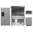 Forno 5-Piece Pro Appliance Package - 48-Inch Gas Range, Refrigerator with Water Dispenser, Wall Mount Hood with Backsplash, 30-Inch Microwave Drawer, & 3-Rack Dishwasher in Stainless Steel
