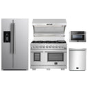 Forno 5-Piece Pro Appliance Package - 48-Inch Gas Range, Refrigerator with Water Dispenser, Wall Mount Hood with Backsplash, 24-Inch Microwave Drawer, & 3-Rack Dishwasher in Stainless Steel