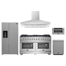 Forno 5-Piece Pro Appliance Package - 60-Inch Gas Range, Refrigerator with Water Dispenser, Wall Mount Hood, 30-Inch Microwave Drawer, & 3-Rack Dishwasher in Stainless Steel