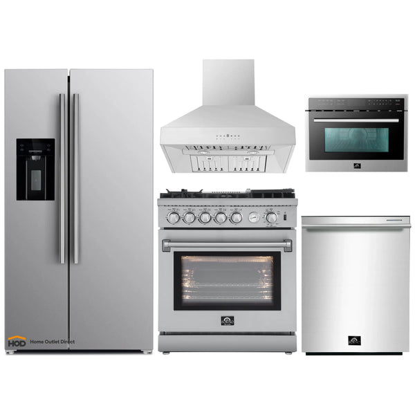 Forno 5-Piece Appliance Package - 30-Inch Gas Range with Air Fryer, Refrigerator with Water Dispenser, Wall Mount Hood, Microwave Oven, & 3-Rack Dishwasher in Stainless Steel