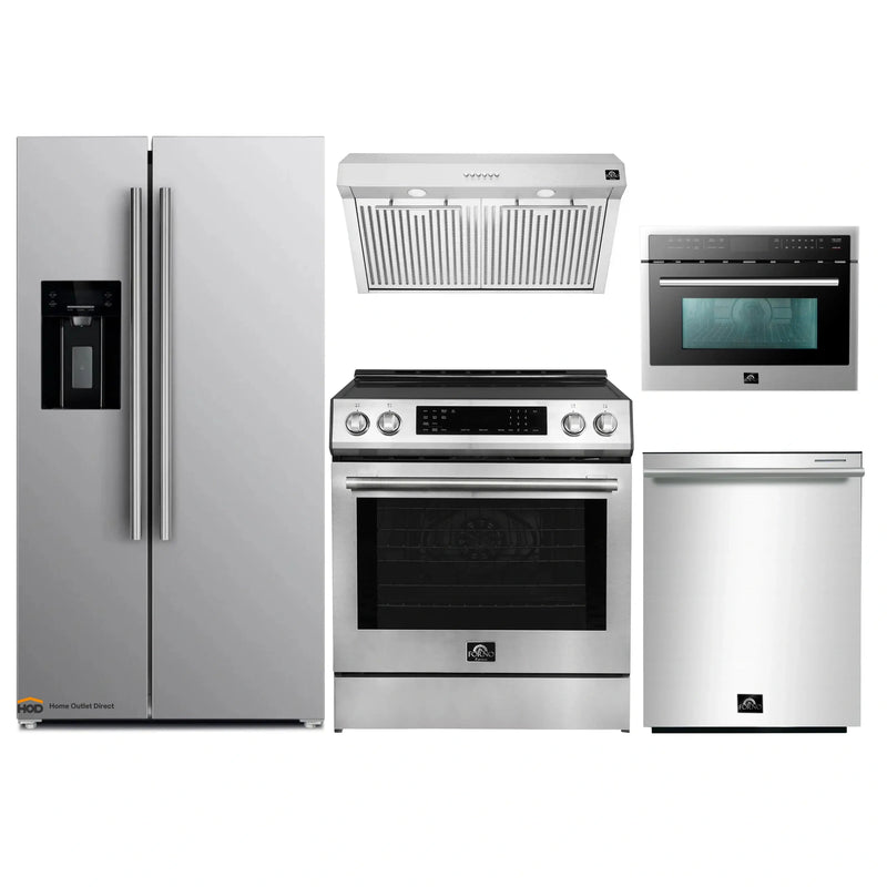 Forno 5-Piece Appliance Package - 30-Inch Inducton Range, Under Cabinet Range Hood, Refrigerator with Water Dispenser, Dishwasher, and 24-Inch Microwave Oven in Stainless Steel