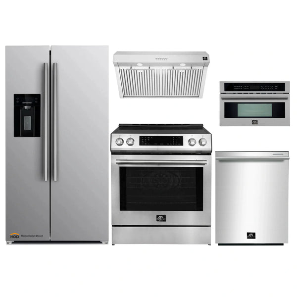 Forno 5-Piece Appliance Package - 30-Inch Induction Range, Under Cabinet Range Hood, Refrigerator with Water Dispenser, Dishwasher, and 30-Inch Microwave Oven in Stainless Steel