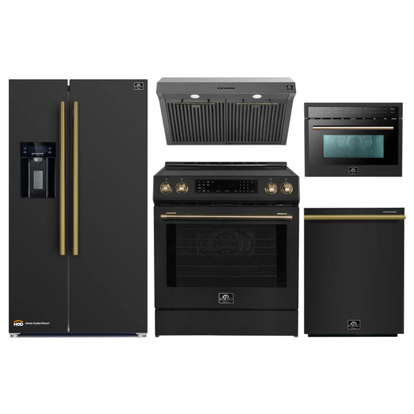 Forno 5-Piece Appliance Package - 30-Inch Inducton Range, Under Cabinet Range Hood, Refrigerator with Water Dispenser, Dishwasher, and 24-Inch Microwave Oven in Black with Antique Brass Trim